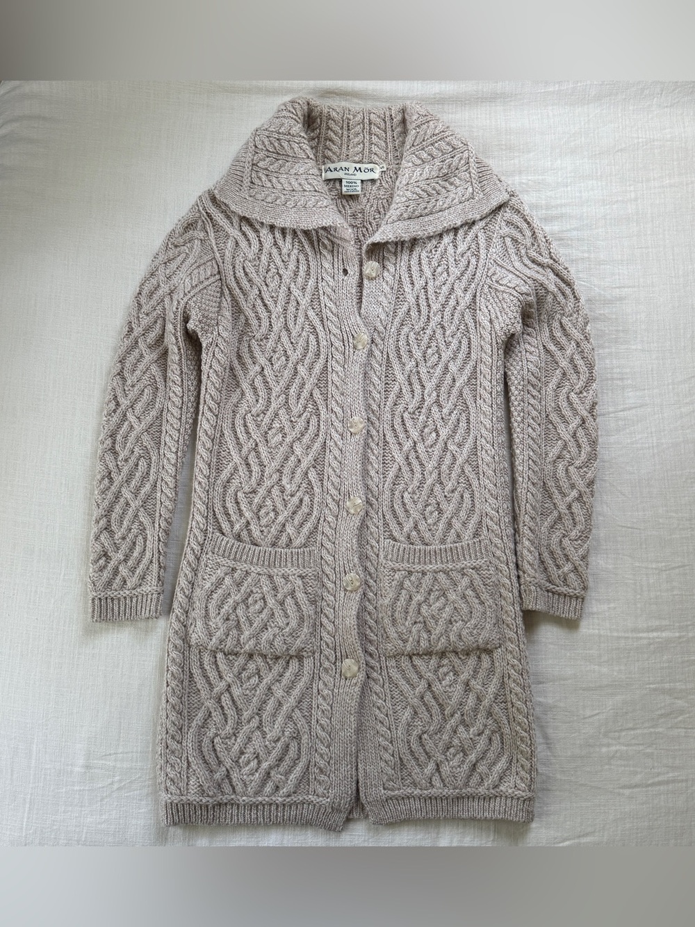 Aran Mór Ireland Merino Wool Cableknit Longline Cardigan Fisherman Sweater S